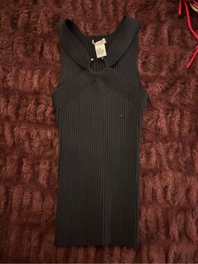 Ribbed Halter Tank Top with Ring Detail - Black
